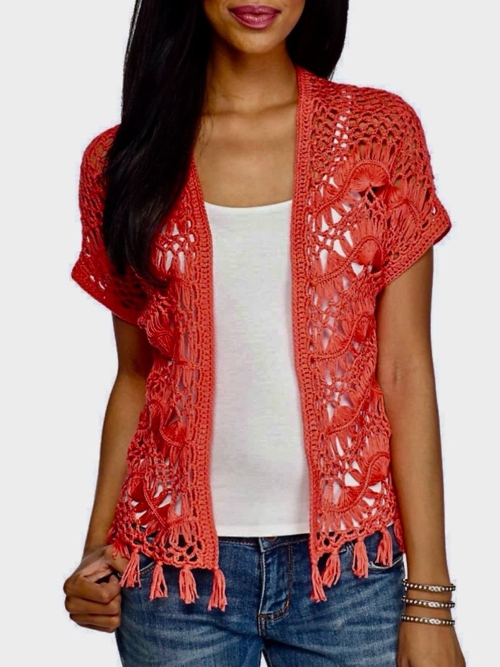New Directions Crochet Cardigan Coral Open Knit Tassel Hem Boho Size M